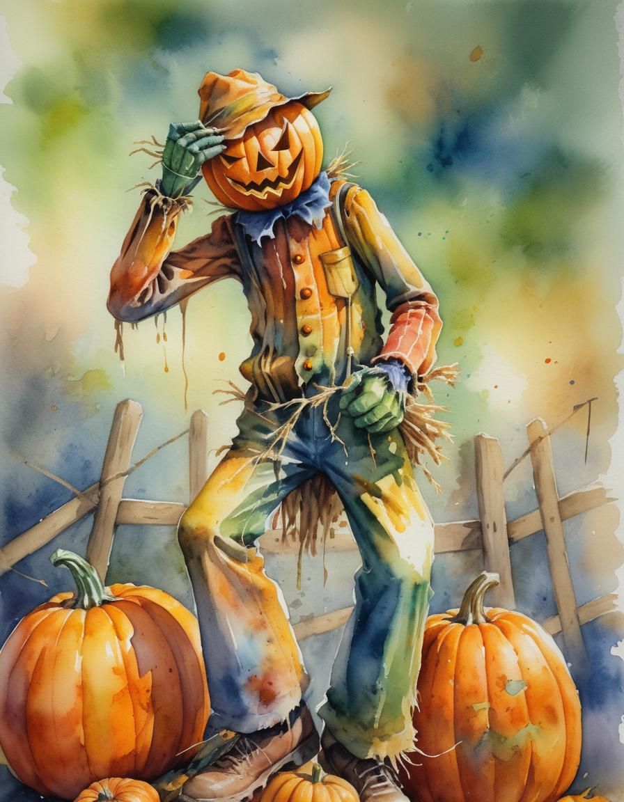 Hyperrealistic Watercolor Scarecrow with Pumpkin Head