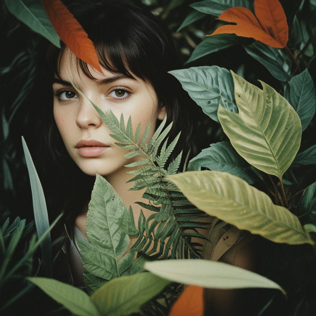Moody Portrait Collage With Plants in Analog Style