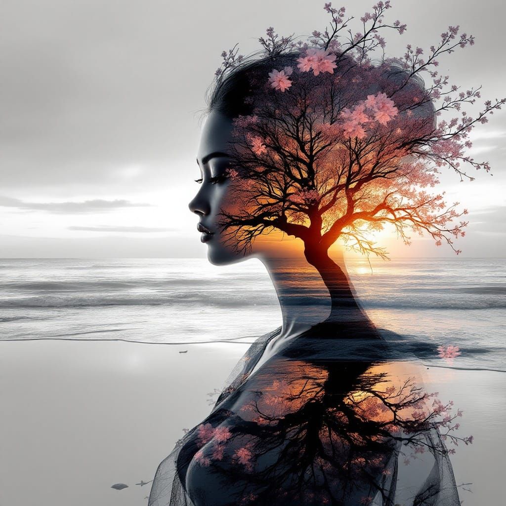 Goddess Silhouette Blends with Sunset Coast in Stunning Doub...