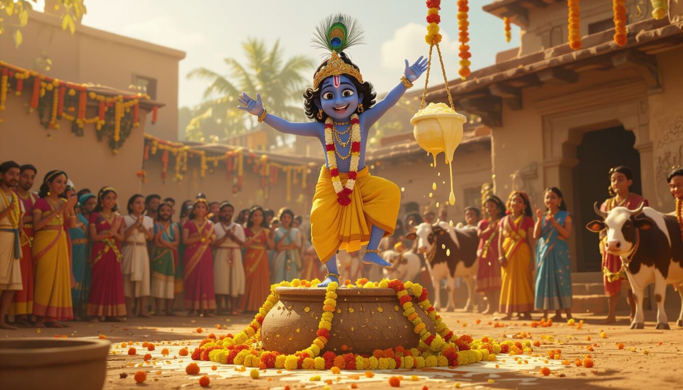 Young Krishna Climbs Pyramid: 3D Digital Art