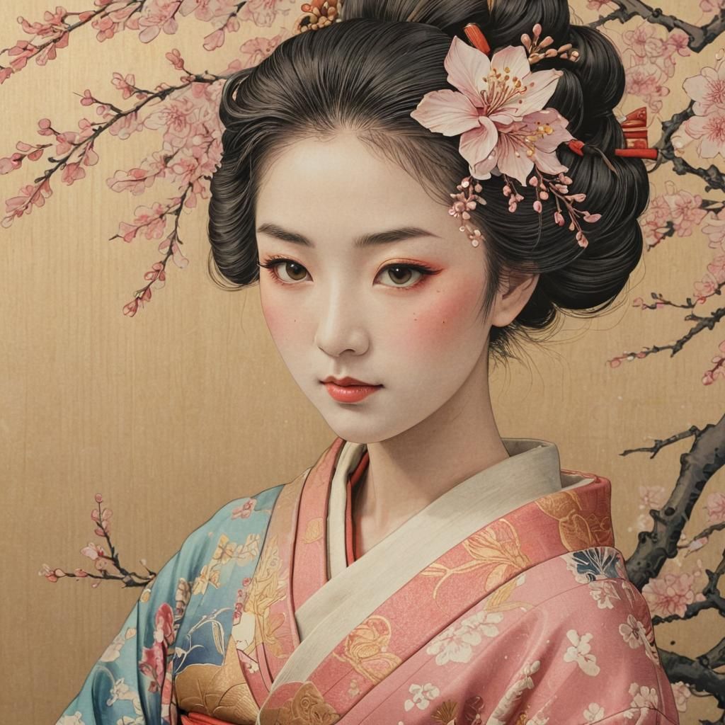 Geisha with Kimono in Ukiyo-e Style