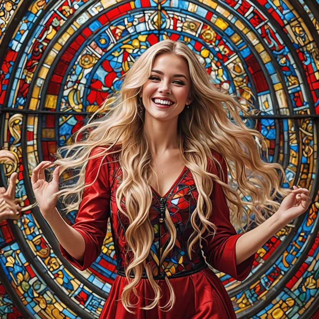 Dancing Blonde Woman in Red Dress with Stained Glass