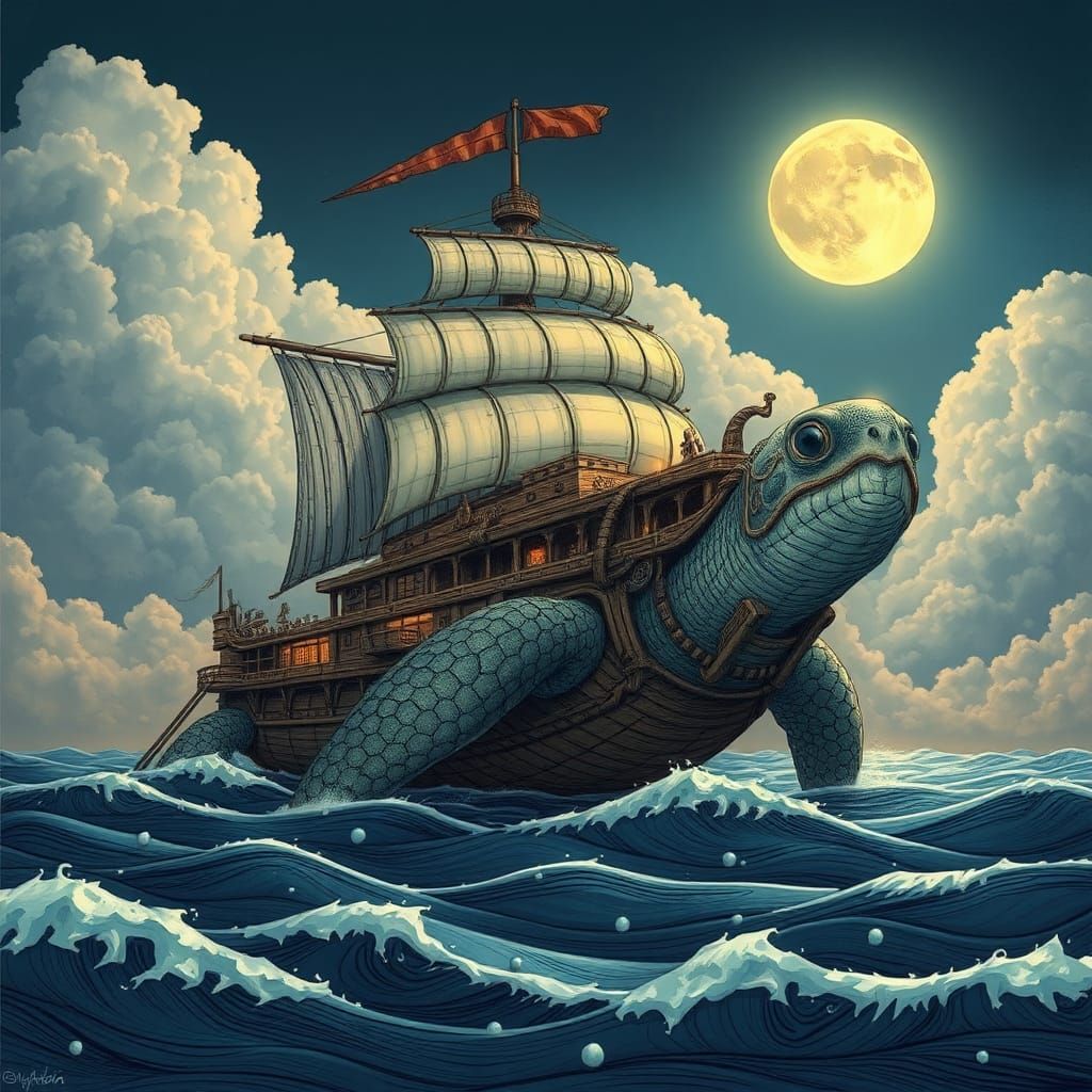 Majestic Turtle Ship on Moonlit Ocean