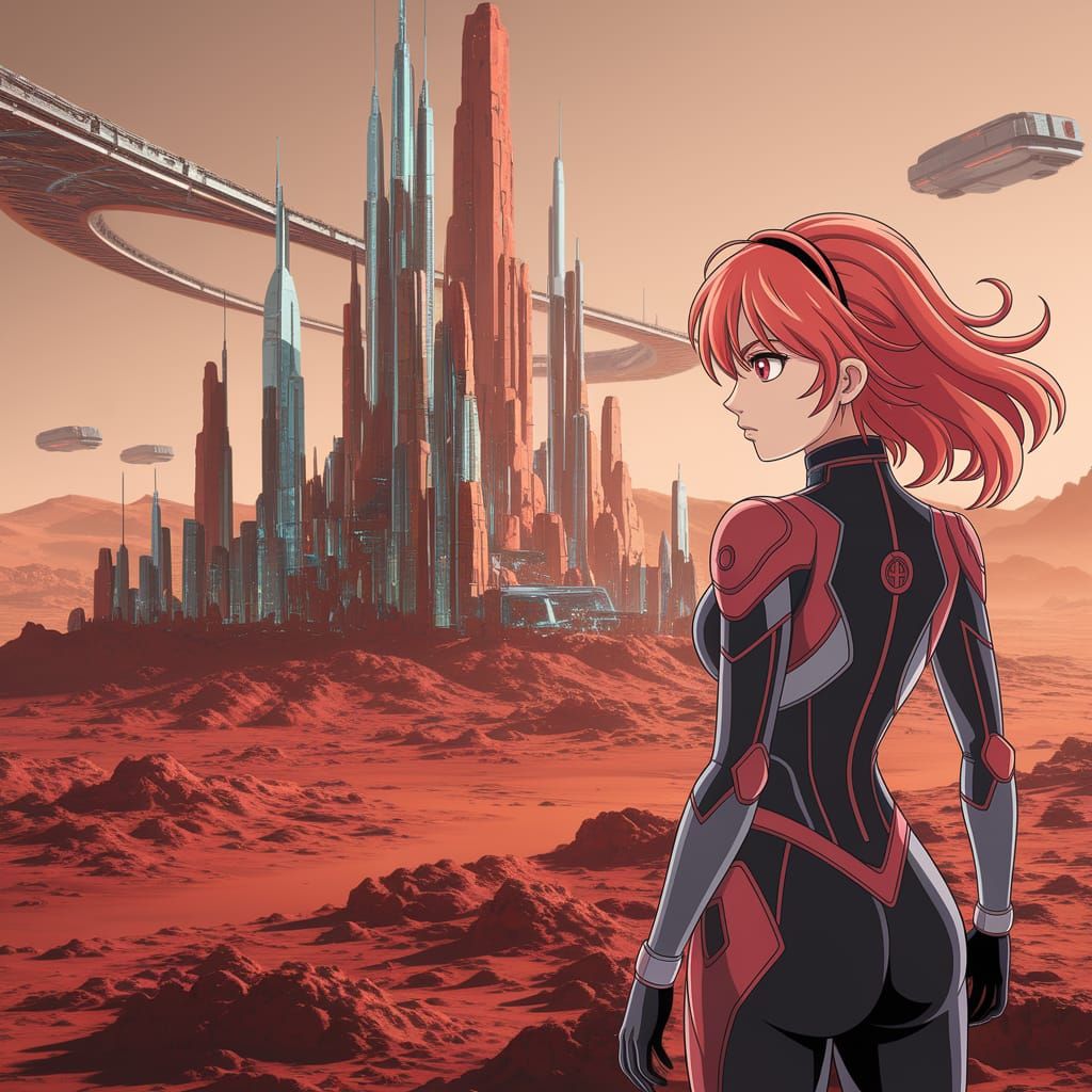 Anime Woman Gazes at Futuristic Cityscape on Mars