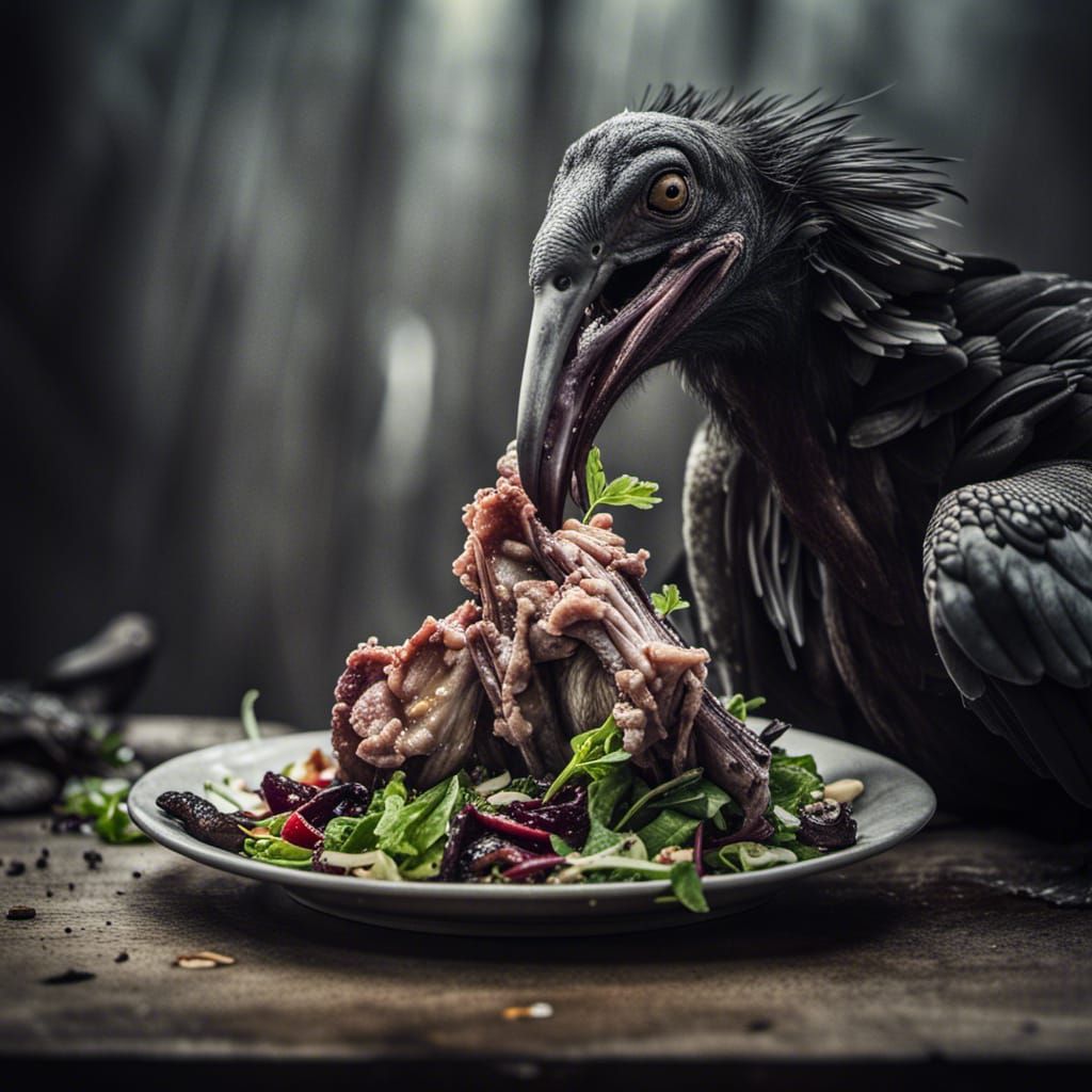 Black Vulture Carcass Devouring Fish Head Salad