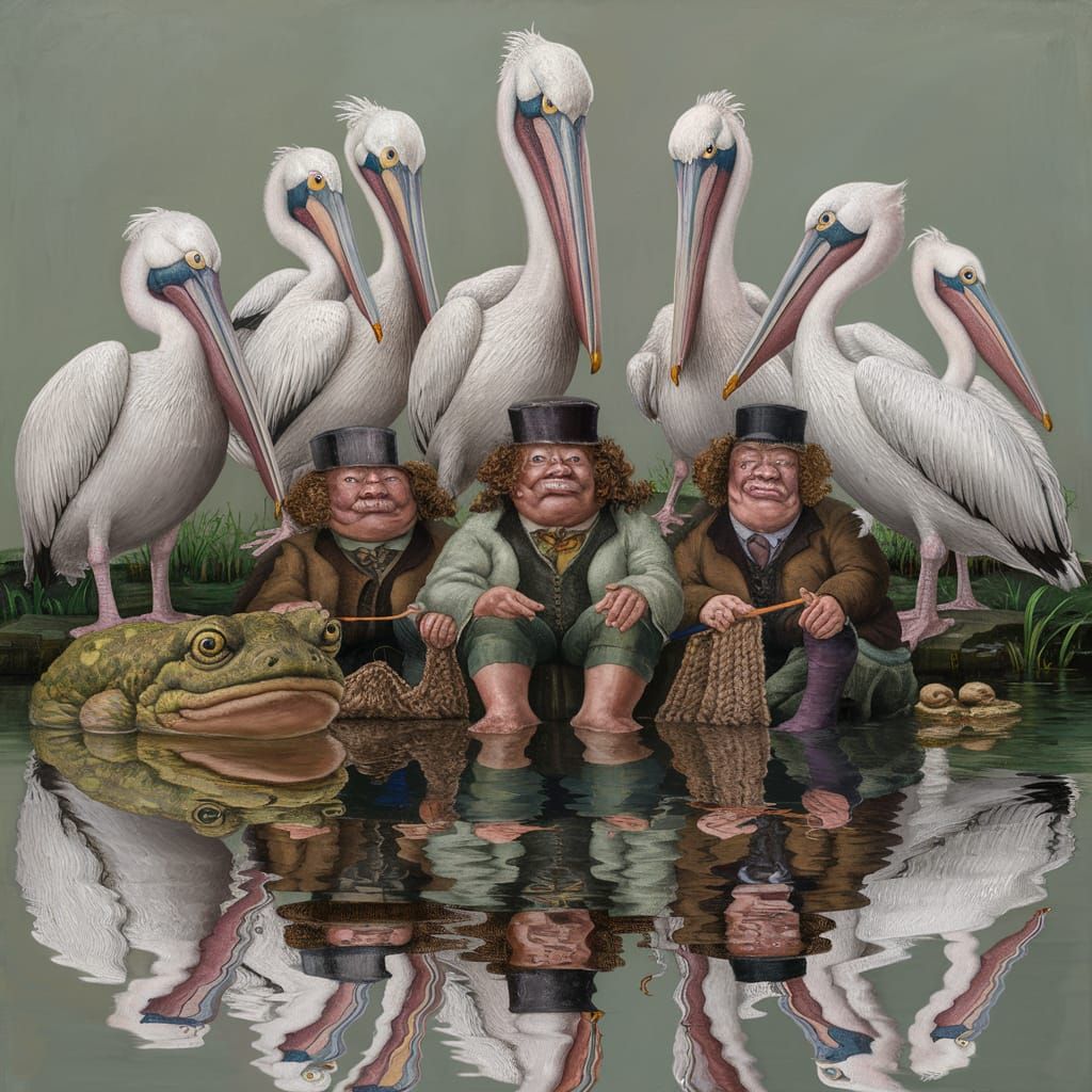 Dürer-Inspired Acrylic Painting of Giant Pelicans with Toad....