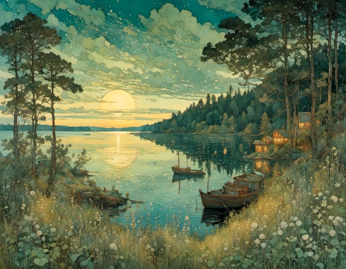 Whimsical Summer Night on a Serene Swedish Lake in a Dreamli...
