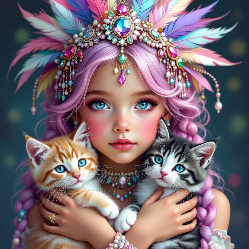 Girl with Kittens: Hyperrealistic Fantasy Art