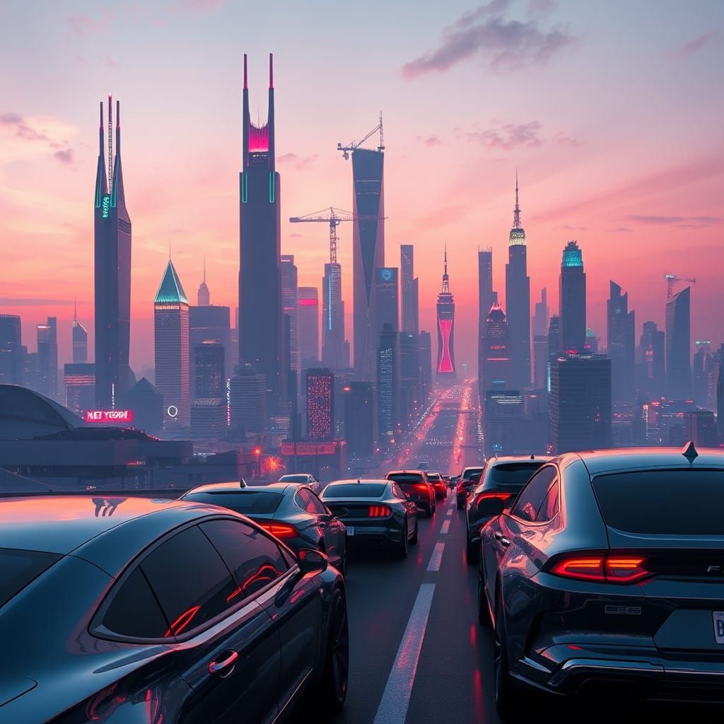 Retro-Futuristic Cityscape at Dusk in Vibrant Colors