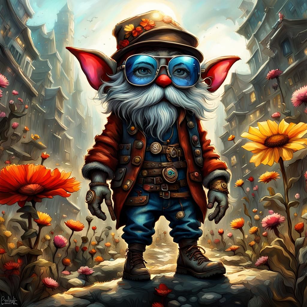 Dall e 3, cute adorable little gnome creature model, sun glasses, bohemian cyberpunk fashion, Calvin Klein, , urban fair...