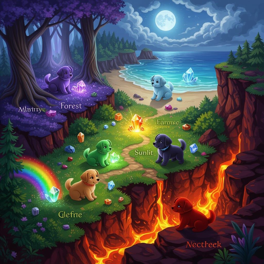 Fantasy Map of Gemstone Puppy Regions in Digital Matte Style