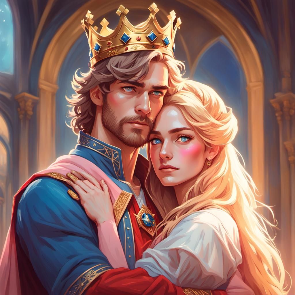 Brunette Girl Hugging Blonde Prince, Hyperdetailed Portrait