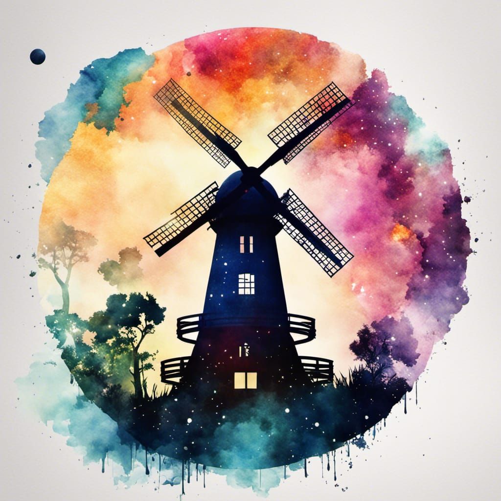 Watercolor Collage of Windmill, Plants, and Space
