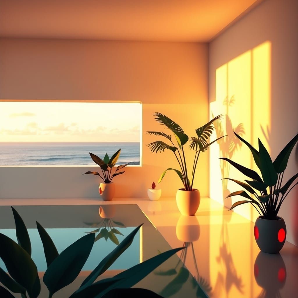 Minimalist Villa Interior with Golden Light and Ocean View