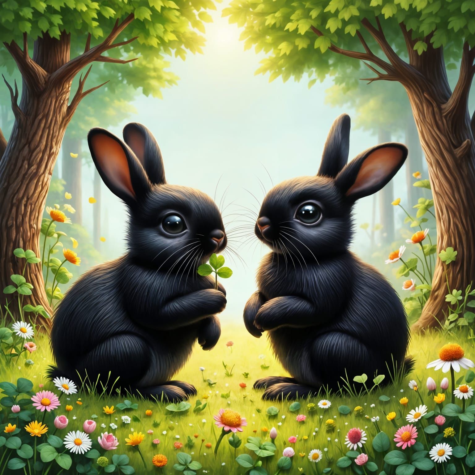 Whimsical Black Bunnies in a Vibrant Wonderland