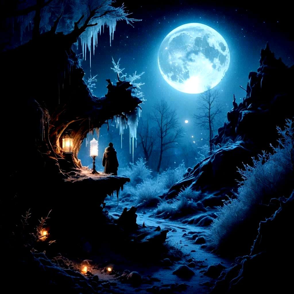 Icy Moonlit Landscape with Glistening Icicles