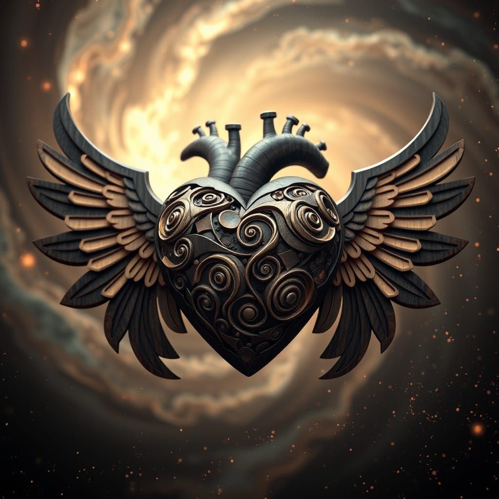 Winged Wooden Heart Amidst Stardust: 8K Render