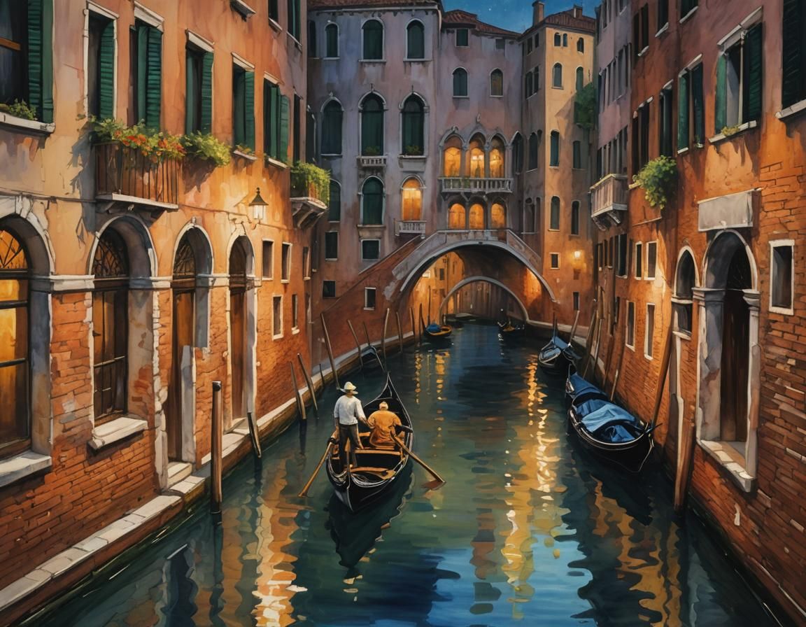 Venice Gondola at Night as Impressionist Gouache