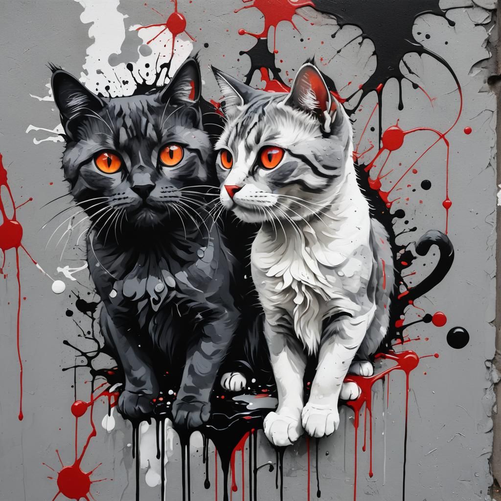 Graffiti Art: Three Cats in Polychromatic Splash