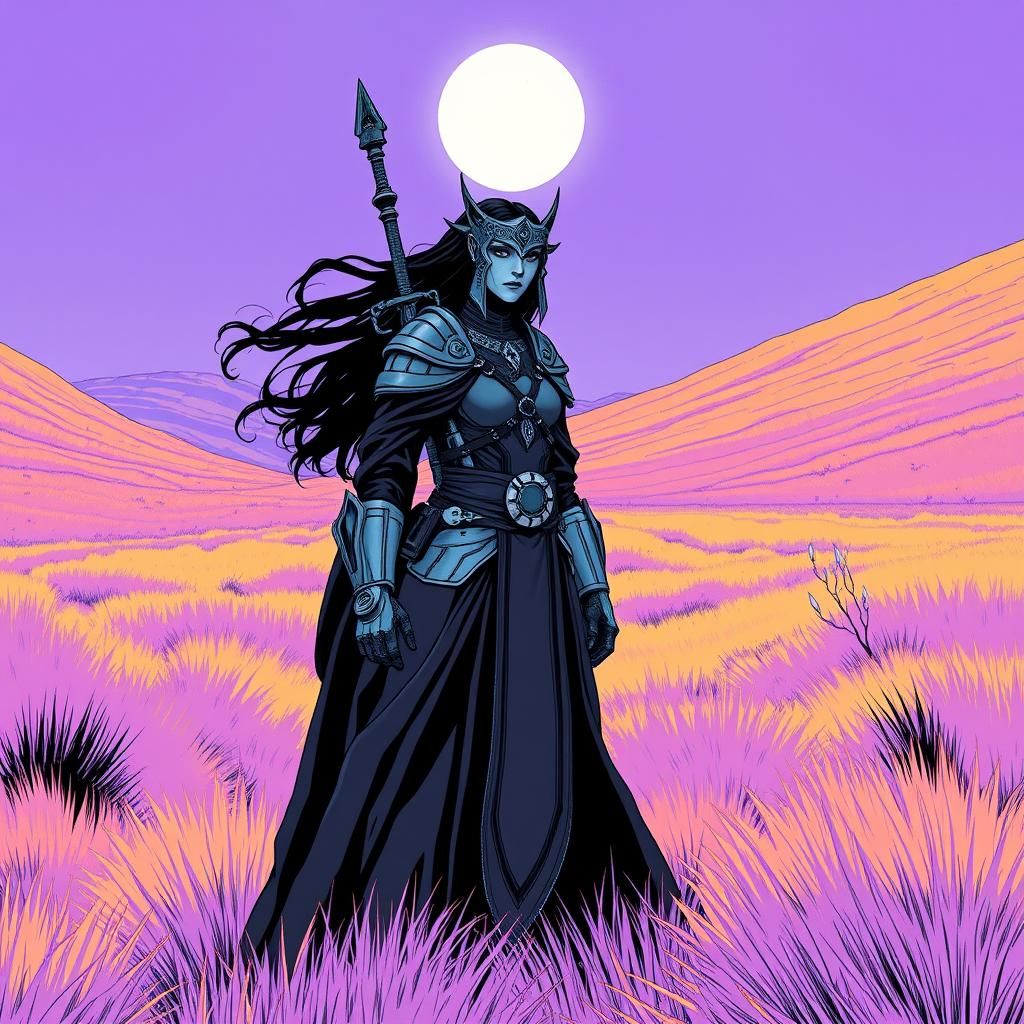 Cyborg Huntress in Ultraviolet Grasslands, Ligne Claire Styl...