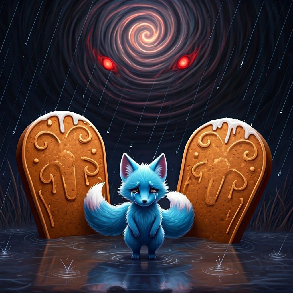 Sorrowful Kitsune Amidst Gingerbread Graves in a Dark, Rainy...