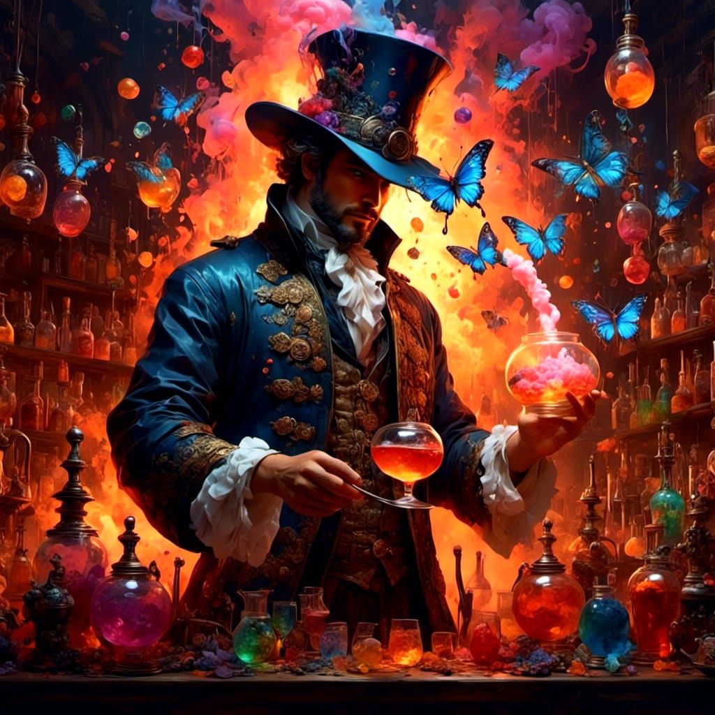 Magical Bartender Pours Potion with Smoke and Butterflies