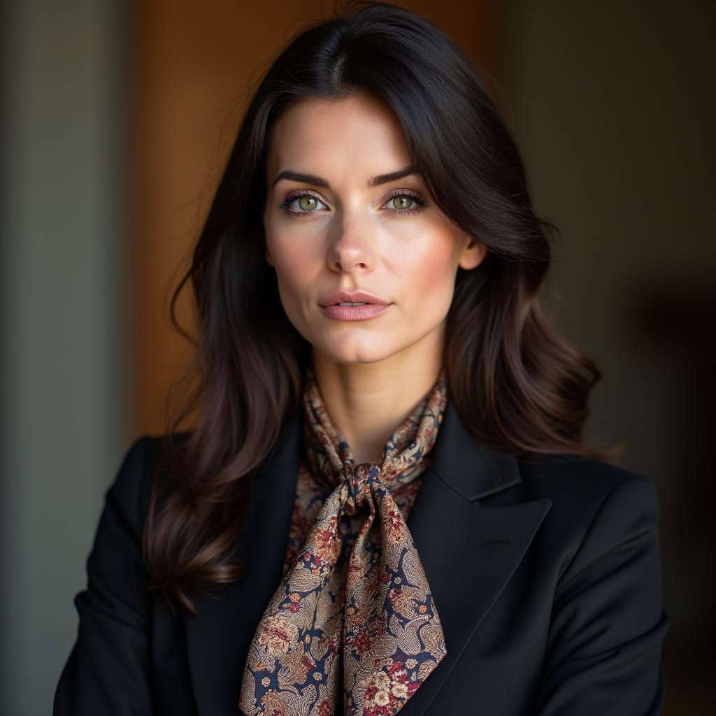 Sleek Businesswoman in Paisley Tie, Close-up Portrait in Bri...