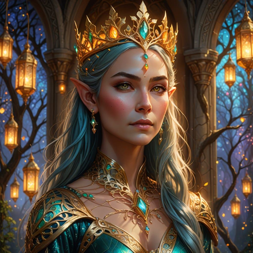 Elegant Elven Queen in Castle Tree, Vibrant Digital Art