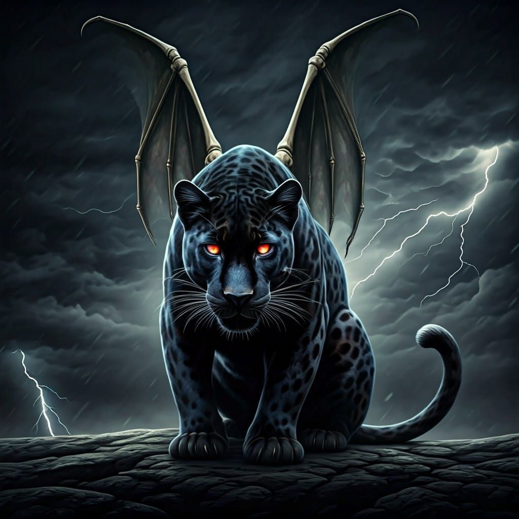 Panther with Red Eyes and Skeletal Wings