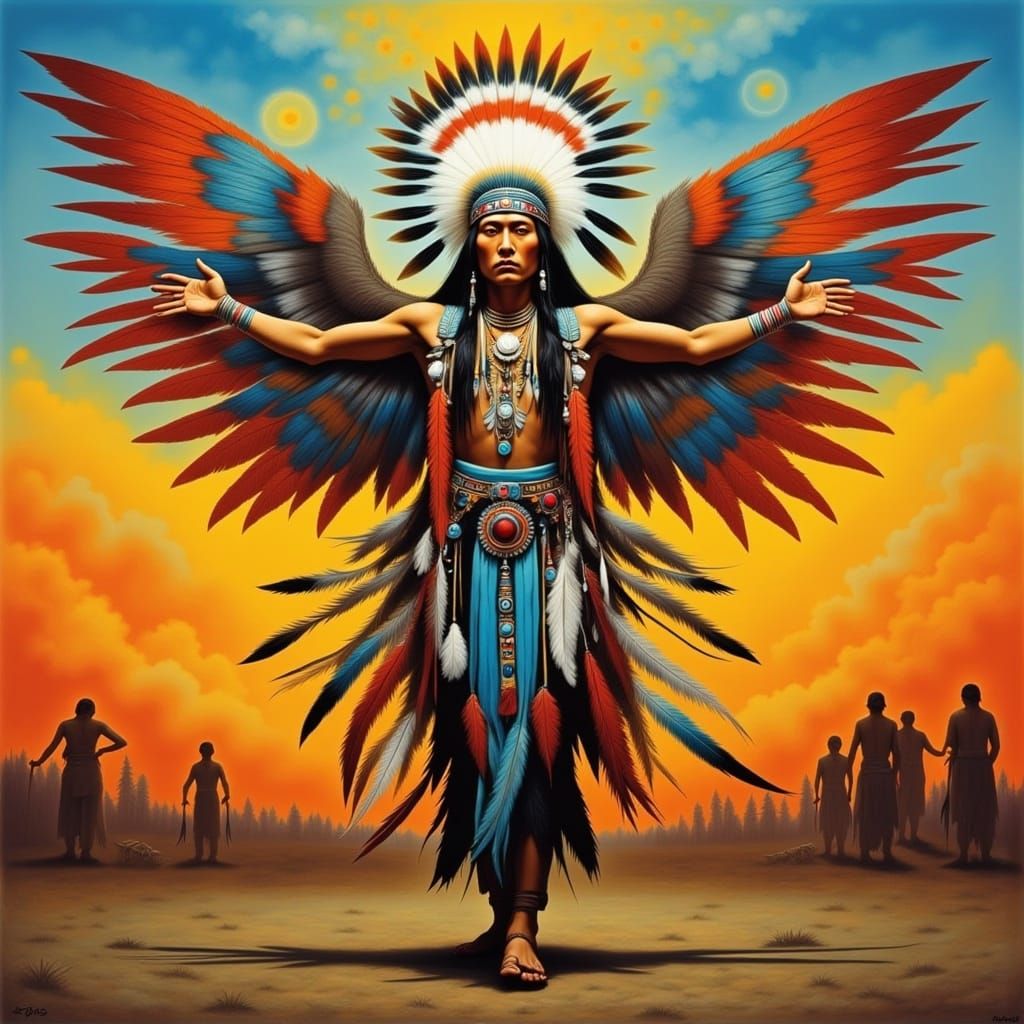 Eagle Dancer in Vibrant Regalia Against Sunset Powwow Backdr...