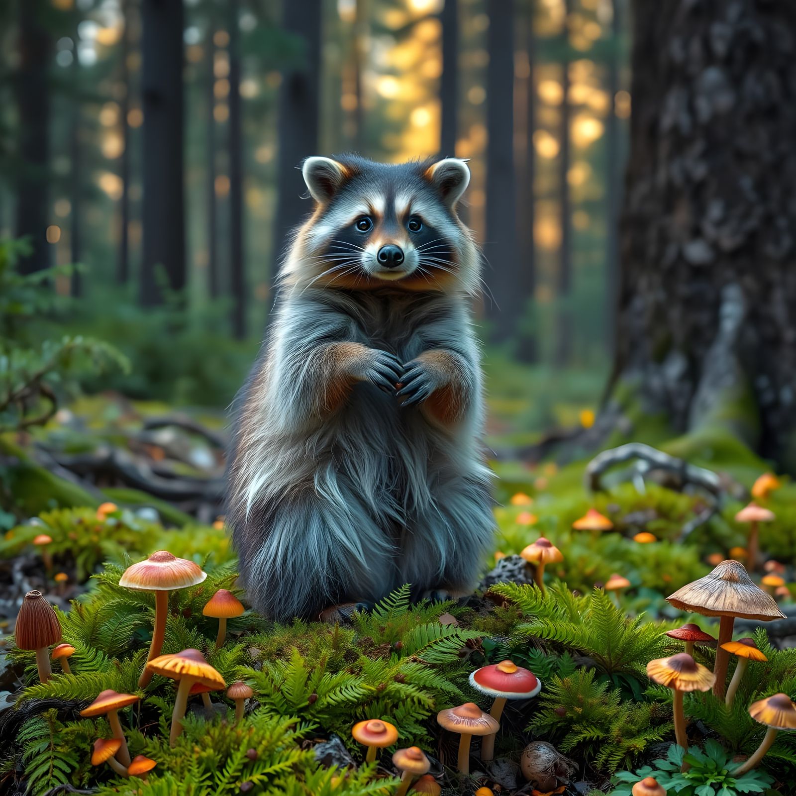 Fluffy Raccoon in Vibrant Forest Landscape