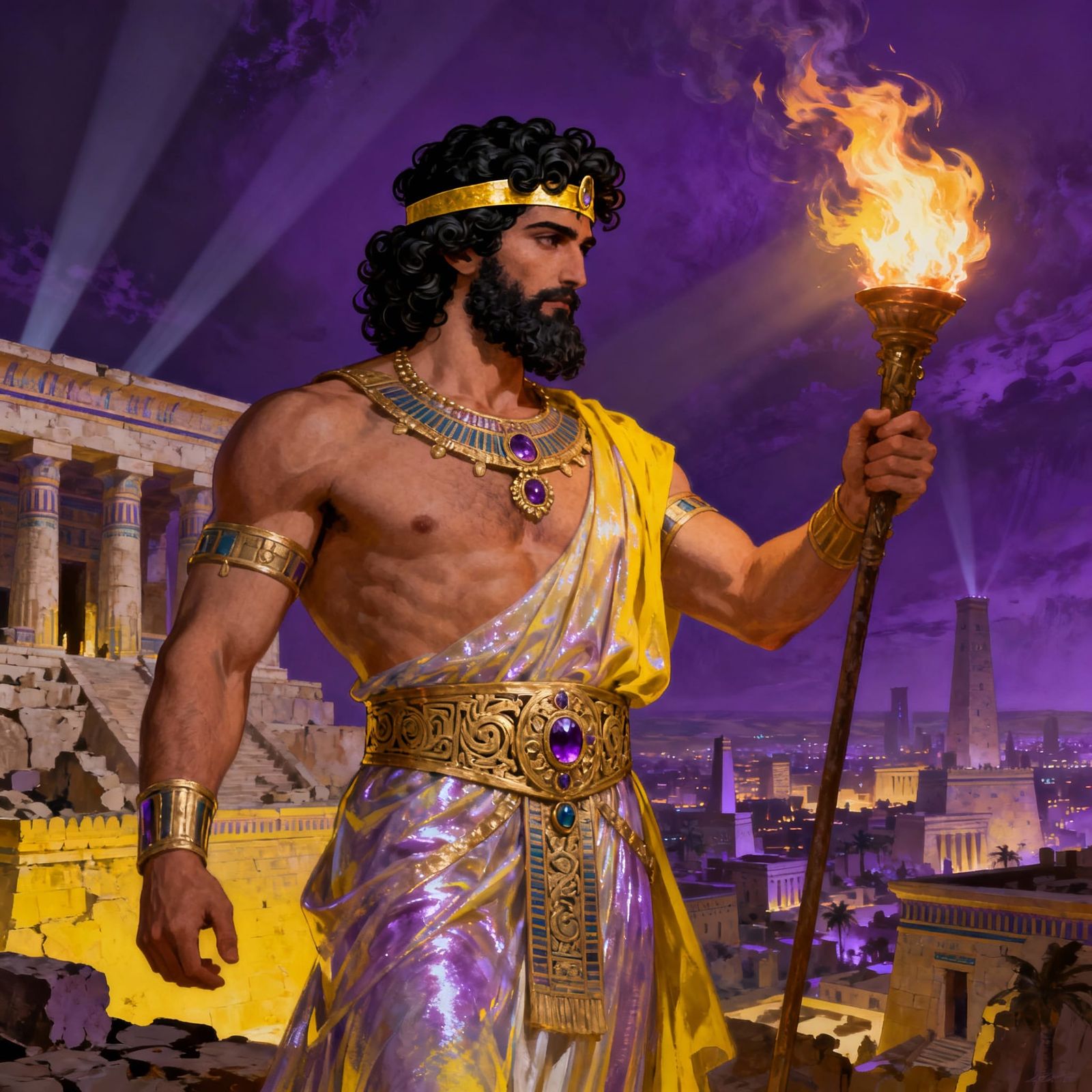 Enki, Sumerian God, Before Temple in Dark Fantasy Style