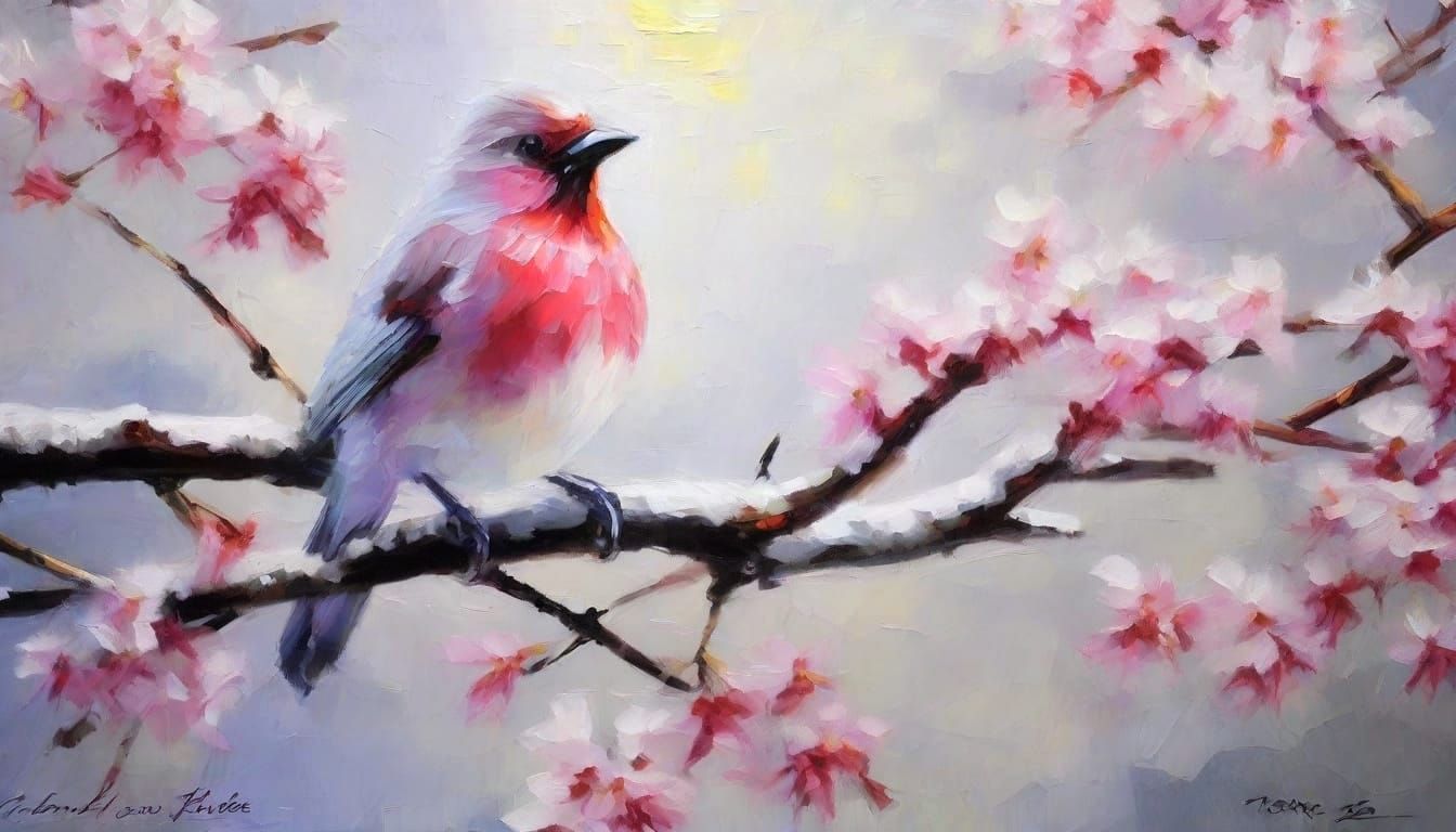 Vibrant Sakura Blossoms at Mount Fuji in Expressionist Oil P...