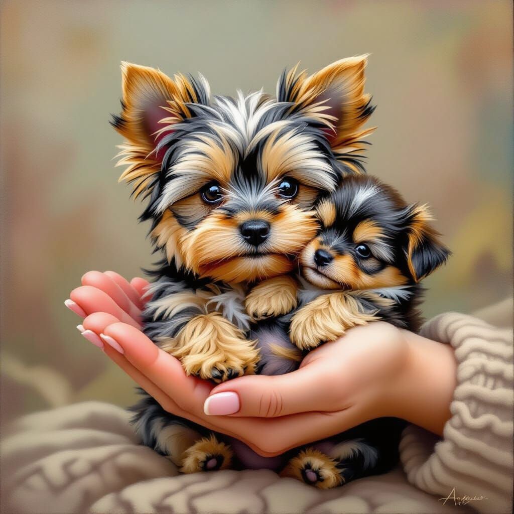 Yorkie Holding Tiny Puppy in Gentle Hand