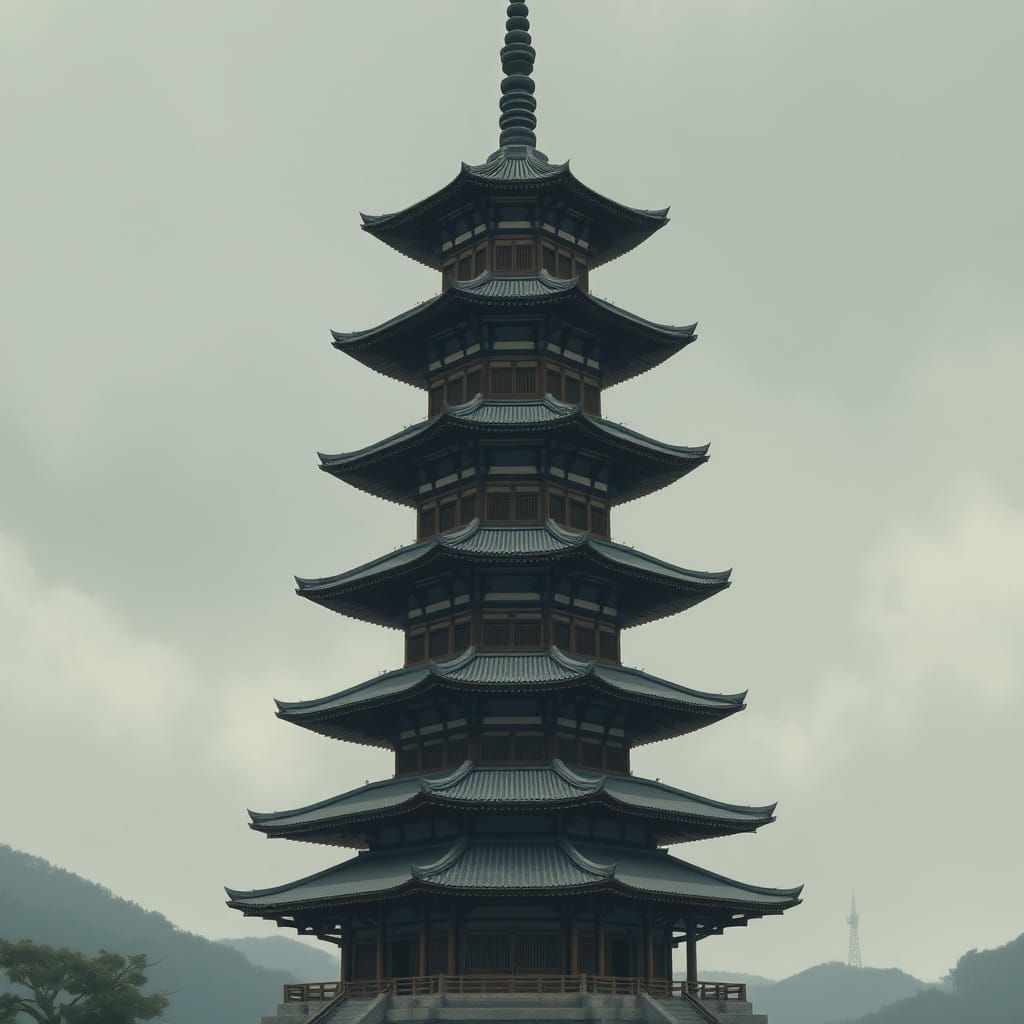 Intricate East Asian Pagoda Tower in Painterly Style