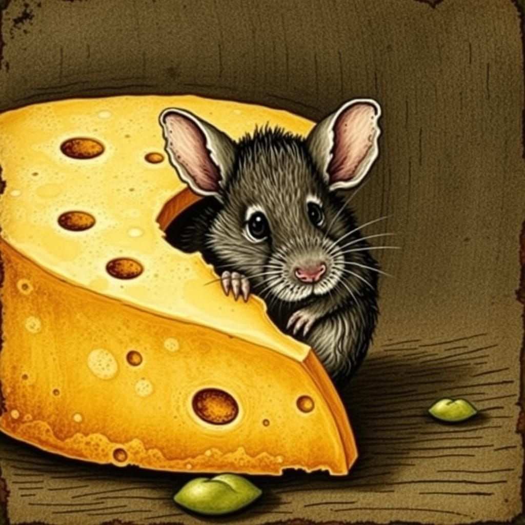 Mouse Hiding Behind Cheese, Vintage Illustration
