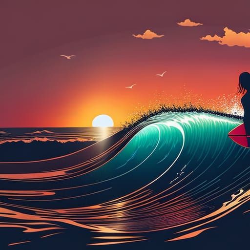 Surfer Rides Hokusai Wave at Sunset: Golden Hour