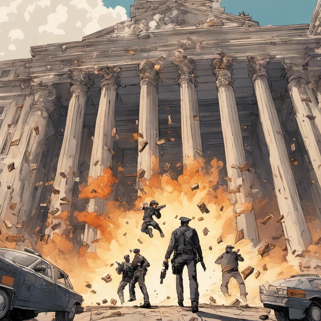 Intense Bank Heist Scene with Explosions and Action