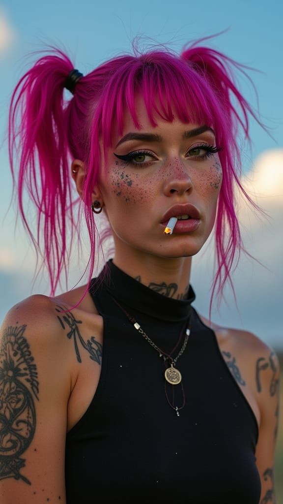 Rebellious Woman Portrait with Magenta Hair in Golden Light