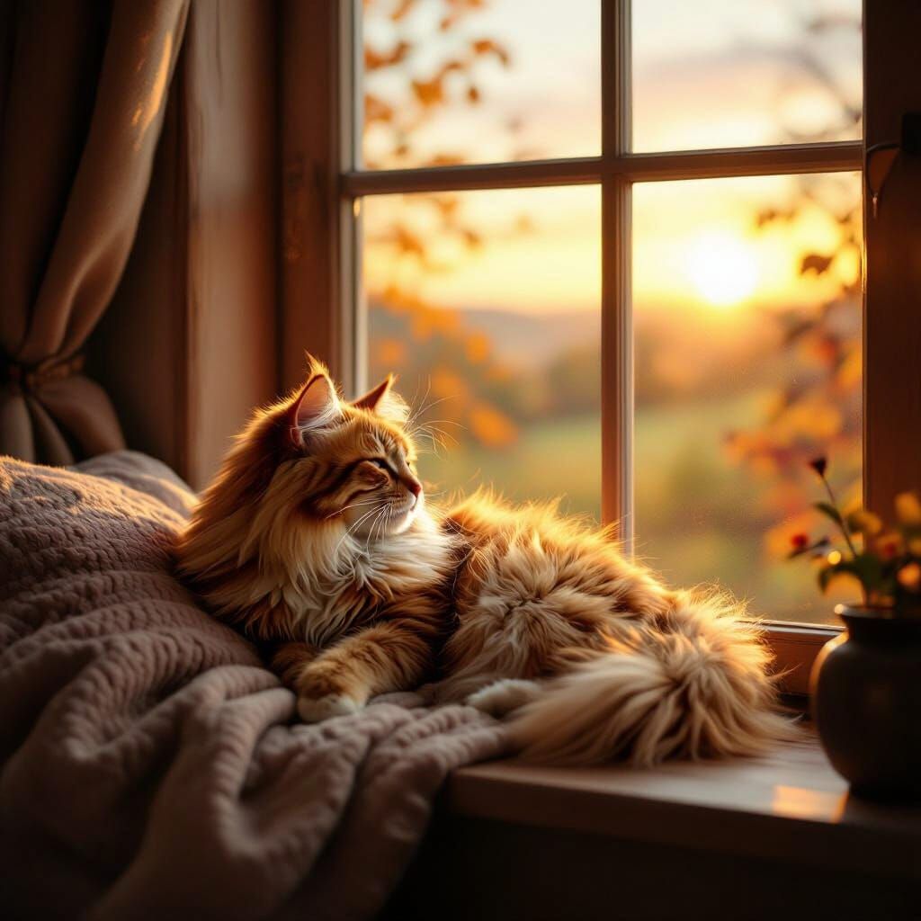 Cozy Cat Basking in Golden Autumn Sun