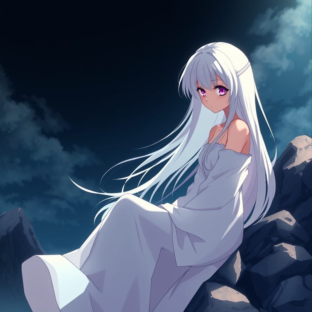Anime Woman with White Hair and Purple Eyes