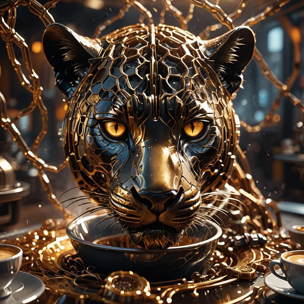 Honeycomb Panther in Steaming Coffee: Sci-Fi Art