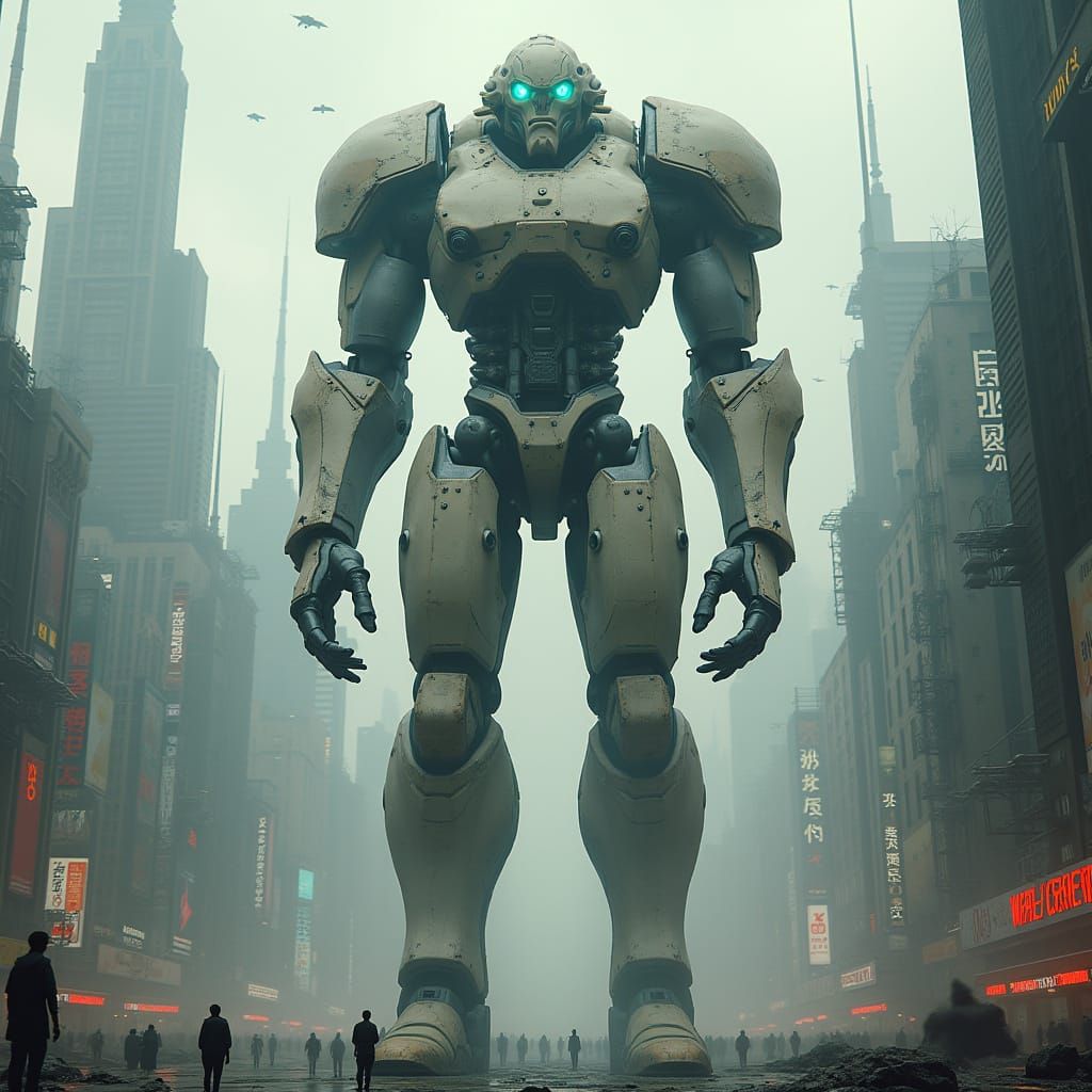 A colossal biomechanical golem stands guard over a futuristic city, its body crafted from metal, stone, and energy.