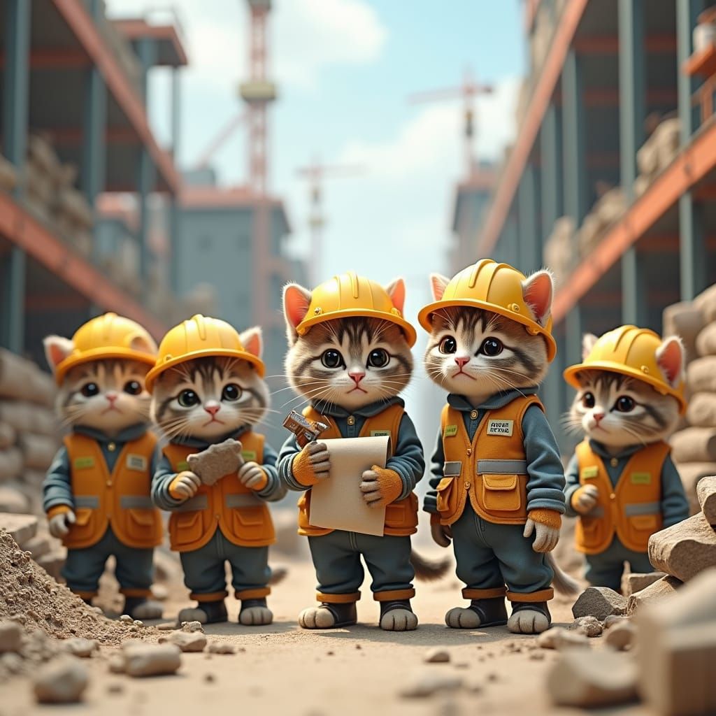 Cats as Anime Construction Workers on Building Site