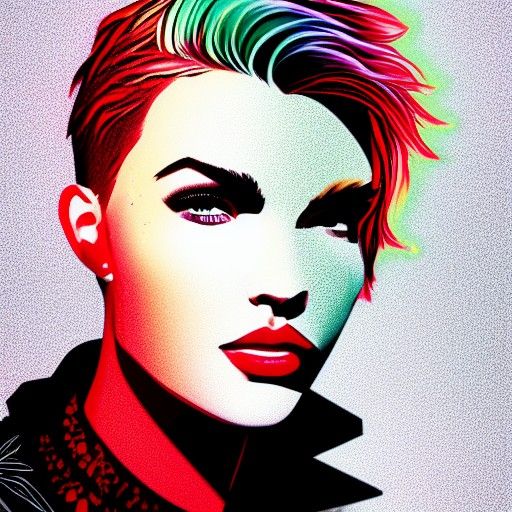 Holographic Ruby Rose: Cosmic Mixed Media Illustration