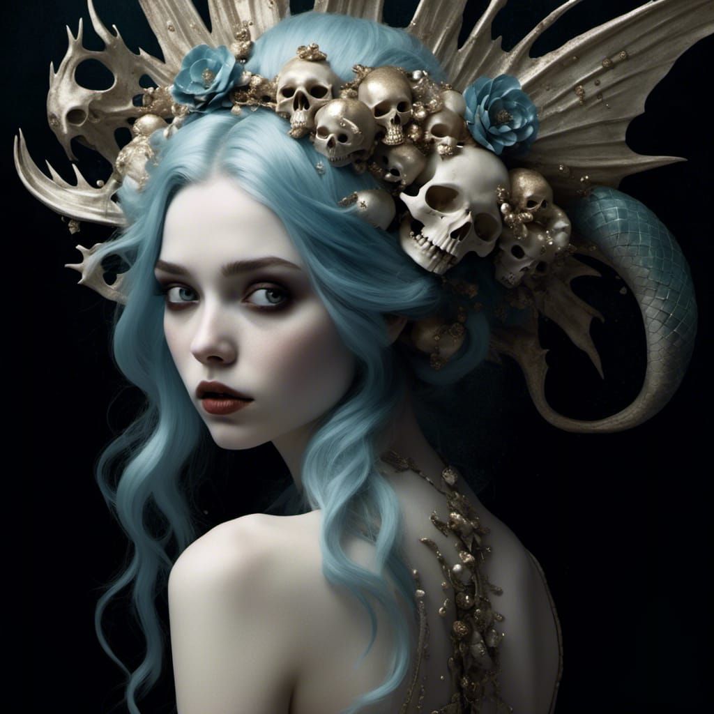 Blue-Haired Mermaid with Skull Crown