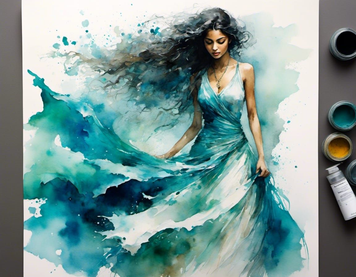 Woman in Flowing Water Dress, Digital Art