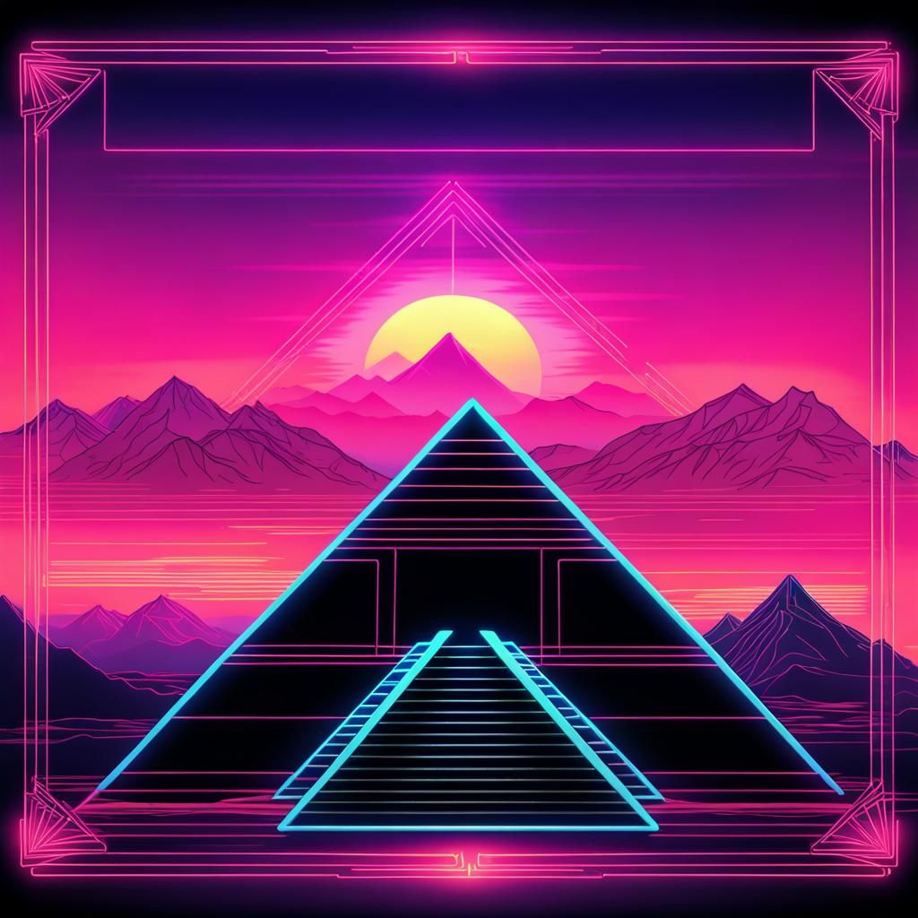 Vaporwave Landscape with Pyramid in Art Nouveau Frame