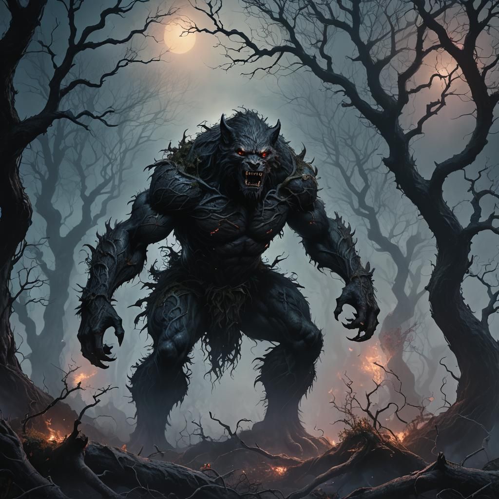 Eerie Werewolf in Dark Fantasy Forest
