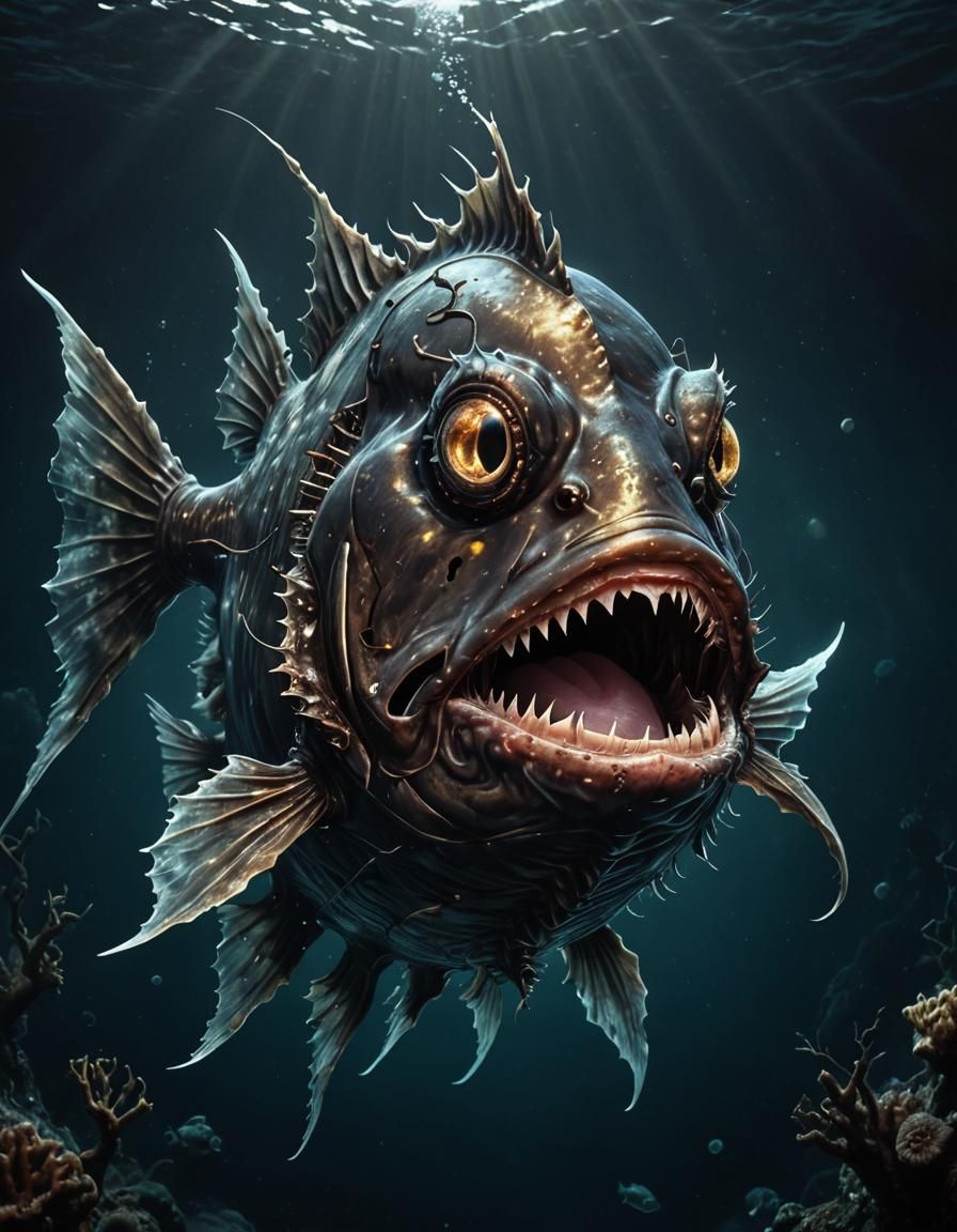 Fierce Anglerfish with Glowing Lure in Dark Ocean